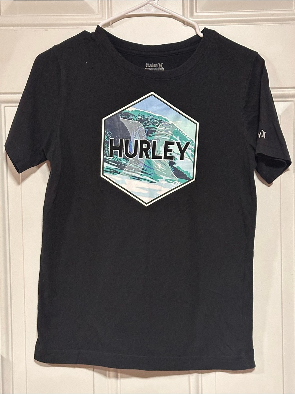 Hurley Black Short Sleeve Tee with Teal Wave Hex Graphic